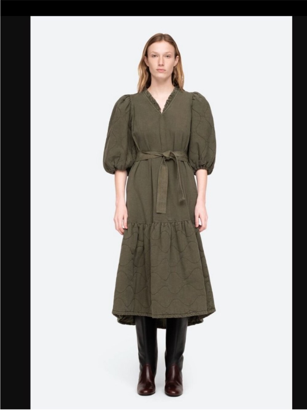 Sea New York Layla sandwashed dress, quilted puff sleeves in Army Sz S UGC